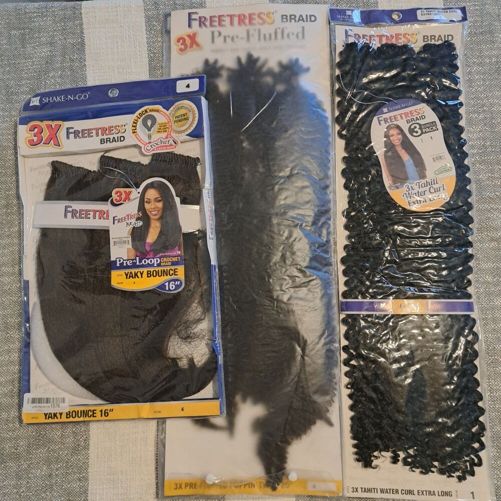 LOT Of 3 FreeTress Braid 3X Tahiti Water Curl 24" 1, 3x Poppin Twist 20" 4, Yaki